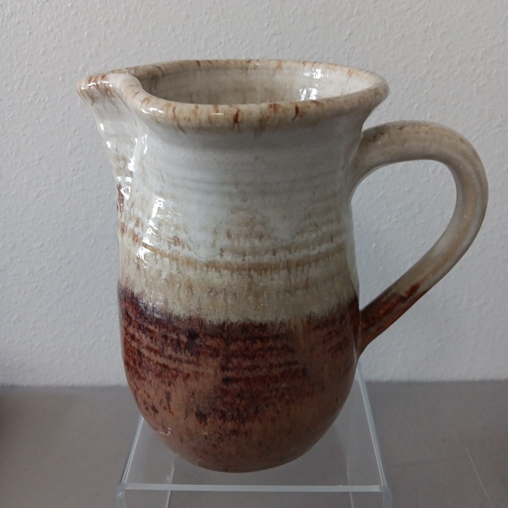 Rustic‎ Studio Art Pitcher Drip Glaze Ivory Brown HEAVY Pinched NELSON Signed